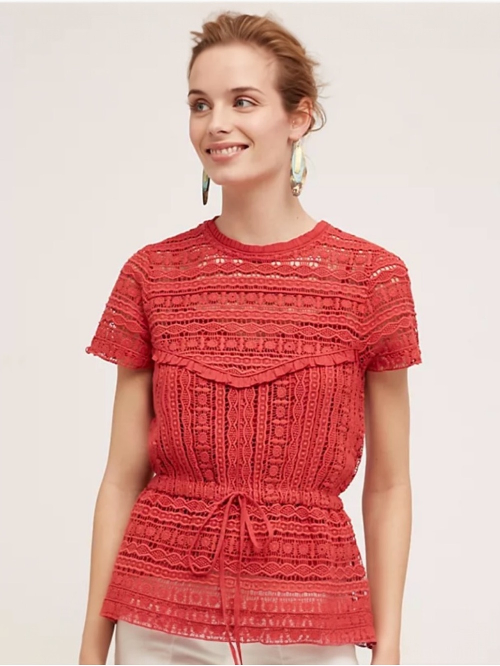 Anthropologie Carolina K Coral Red Lace Short-Sleeve Drawstring Peplum Top
